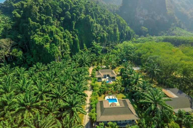 Holiday villas in a tropical landscape with limestone karsts behind