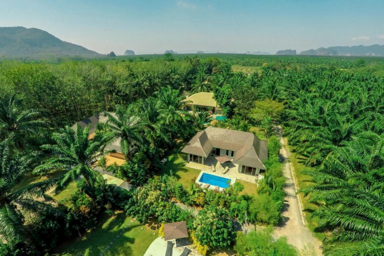 aerial view of villas in tropical landscape with view to coast