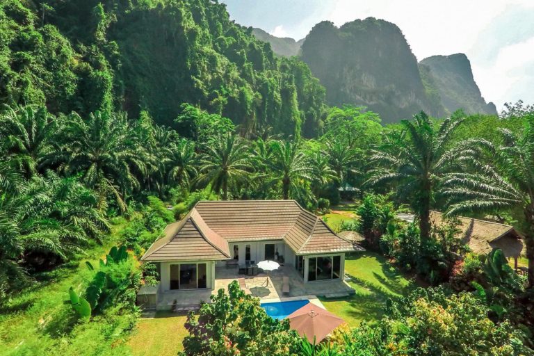 Aerial view of a pool villa surrounded by trees in Krabi