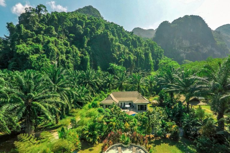 Aerial view of a pool villa at the base of karsts in Krabi