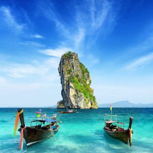 Krabi longtails boats. clear seas and views to islands